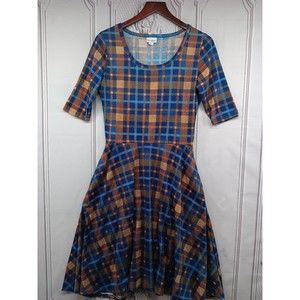 LuLaRoe Dress Women's SZ M Fit & Flare Blue/Bronze Plaid Half Sleeves Pockets EC